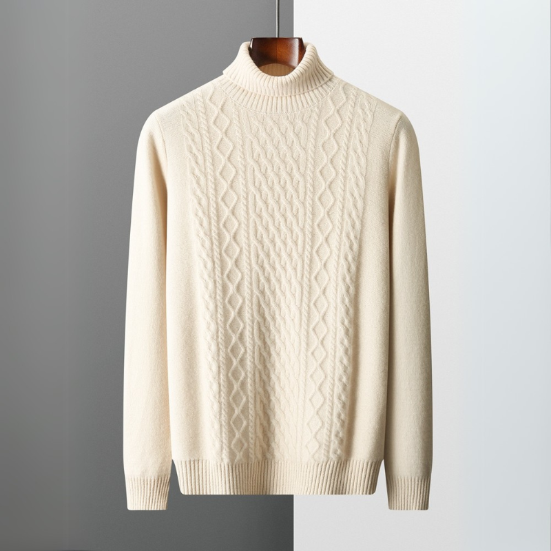 Men's long-sleeved cable knit roll neck jumper with ribbed trims