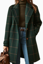 Women's dark green checked plaid long coat with notch lapels and button front