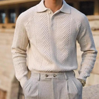Men's cable knit polo sweater with long sleeves