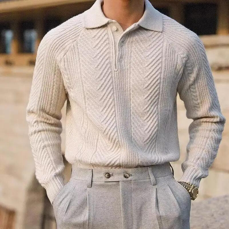 Men's cable knit polo sweater with long sleeves