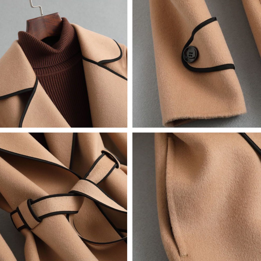 Women's long-sleeved belted trench coat with contrast piping and buttoned cuffs