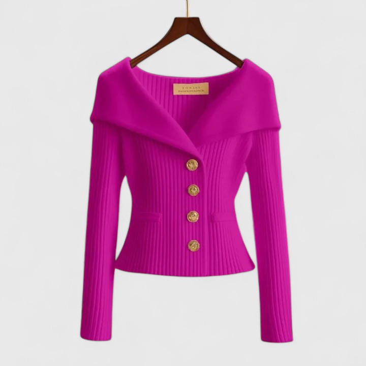 Women's ribbed button cardigan with wide collar and long sleeves