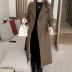 Women's long double-breasted trench coat with notched lapels and long sleeves