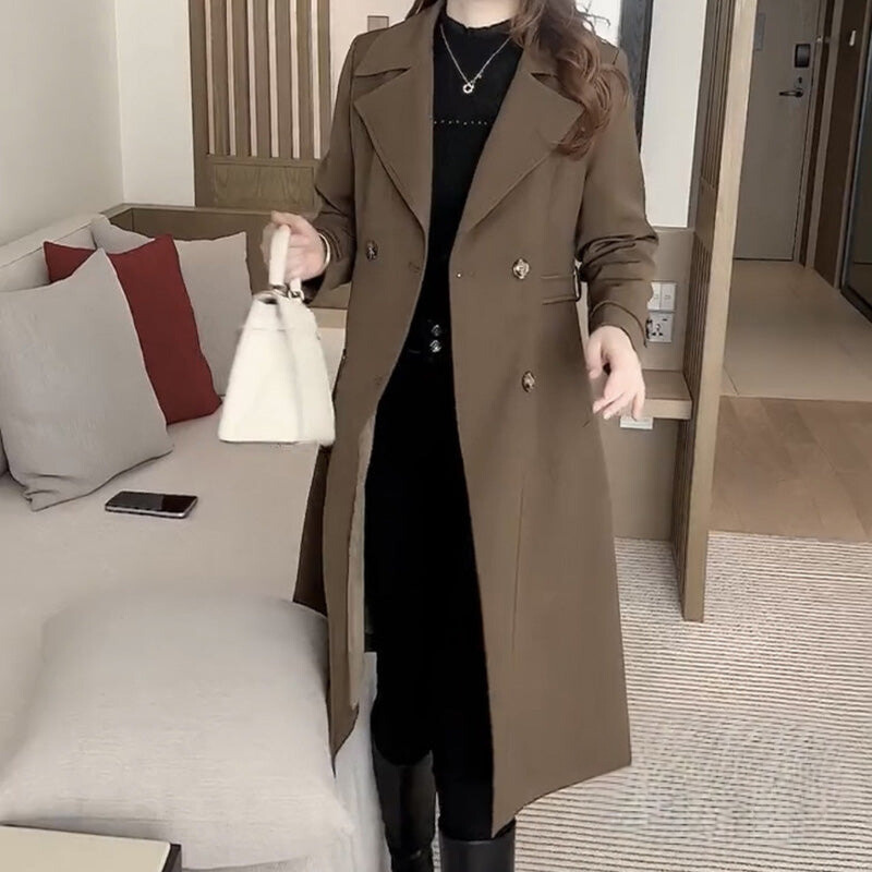 Women's long double-breasted trench coat with notched lapels and long sleeves