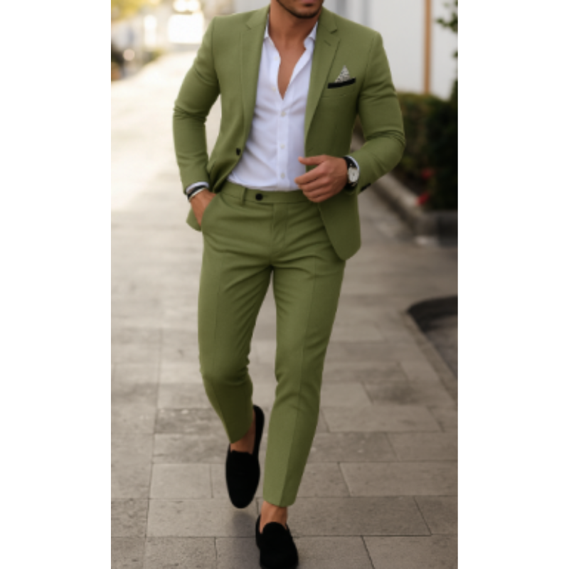 Men's textured two-piece suit with notch-lapel blazer and tapered trousers