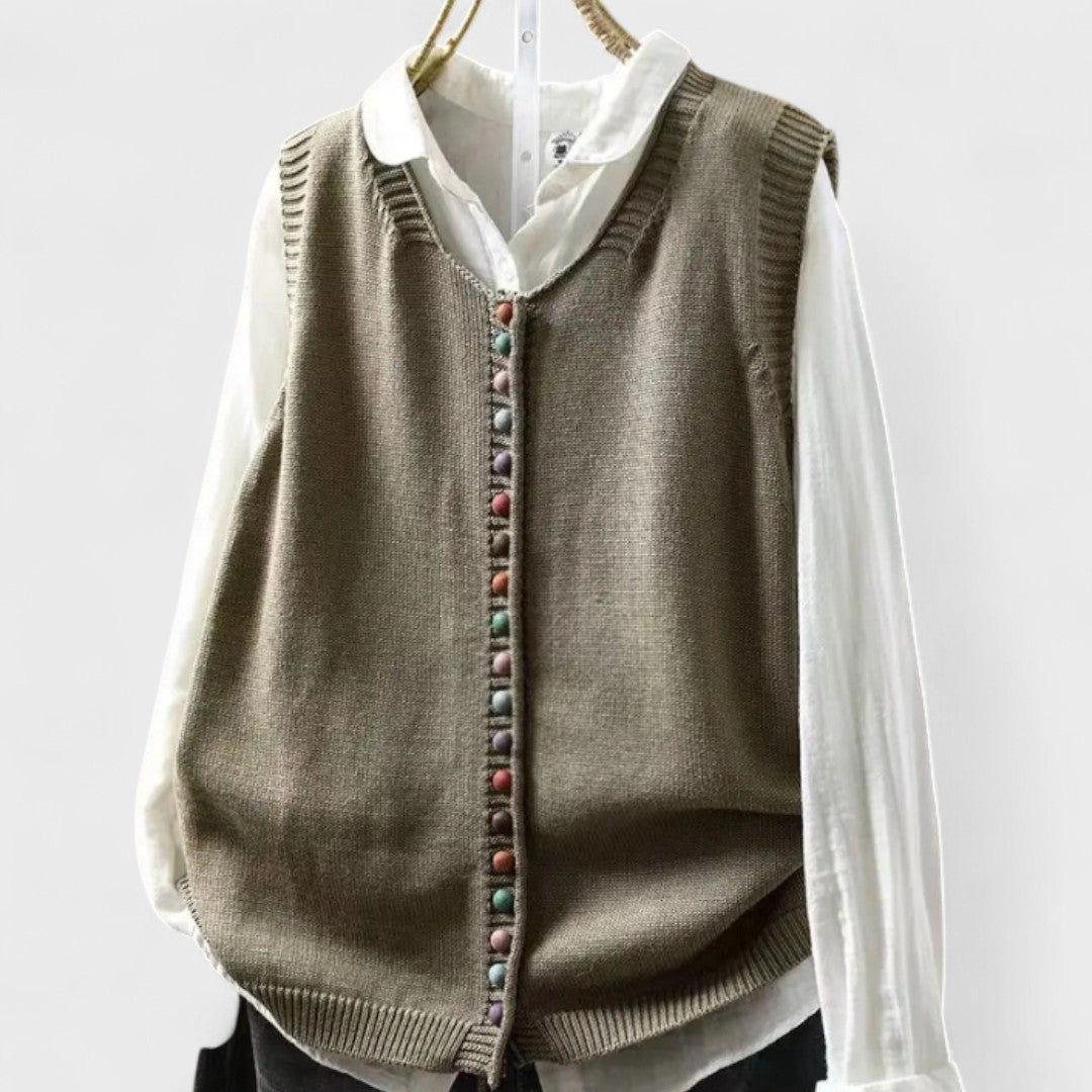 Women's sleeveless V-neck knit vest with colourful buttons
