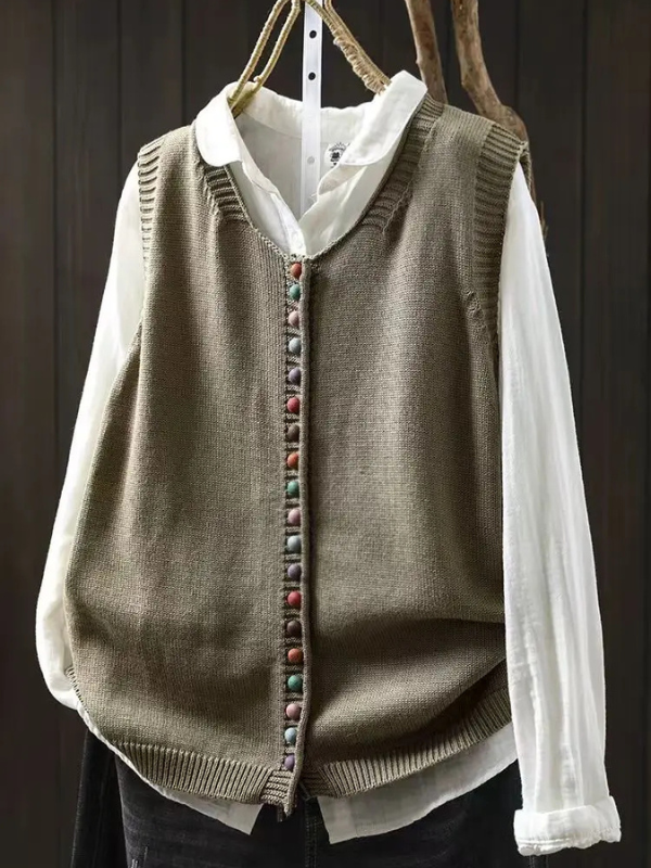 Women's sleeveless knit vest with V-neck and colorful buttons
