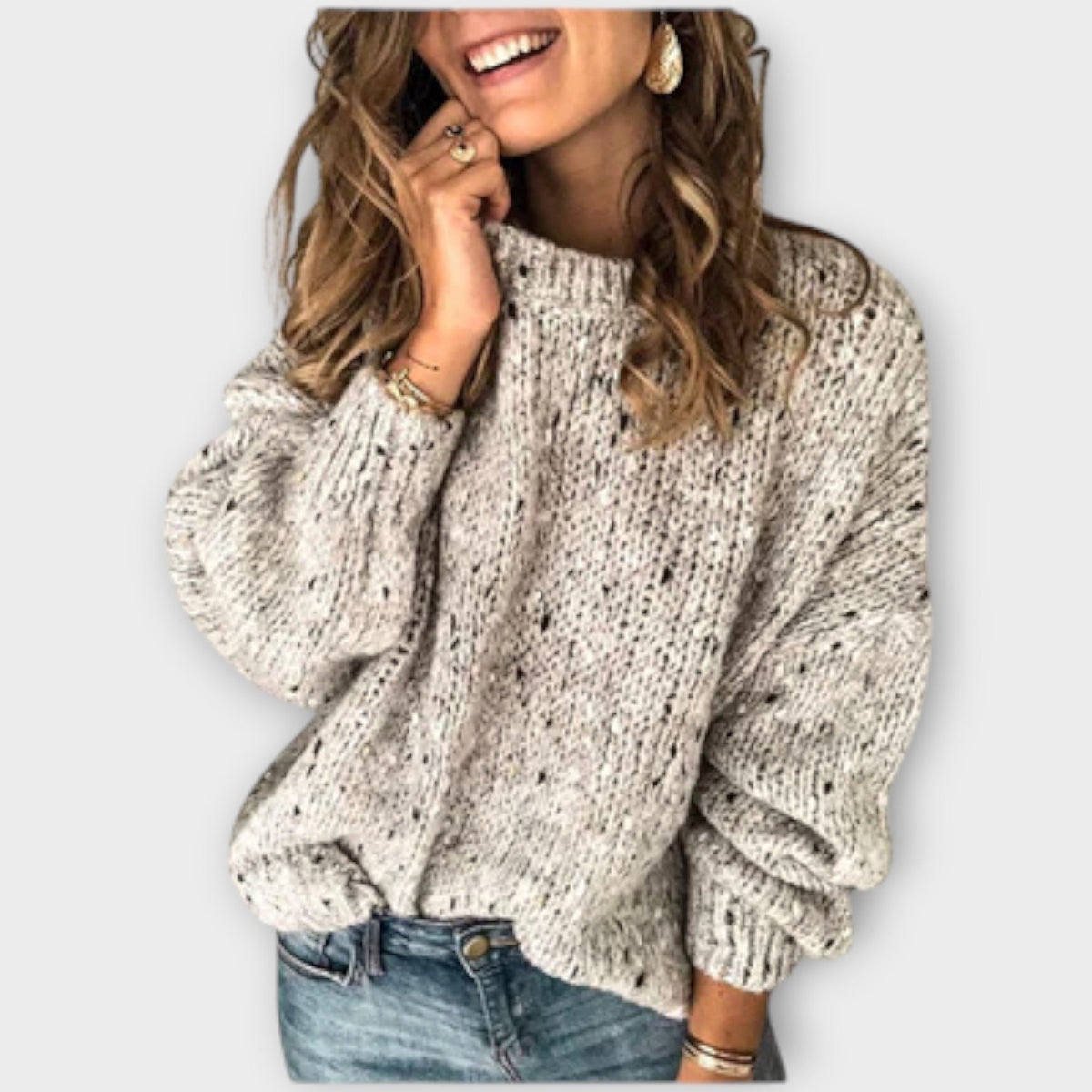 Women's textured crew neck sweater with long sleeves and ribbed trims