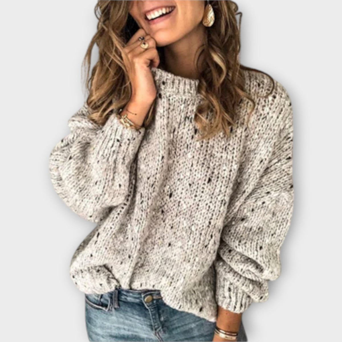 Women's textured crew neck jumper with long sleeves and ribbed trims