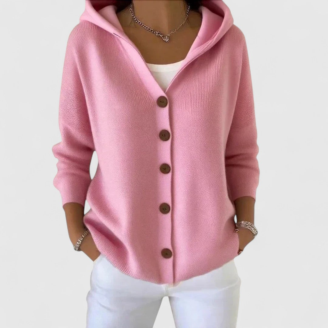 Women's hooded knitted cardigan with buttons and front pockets