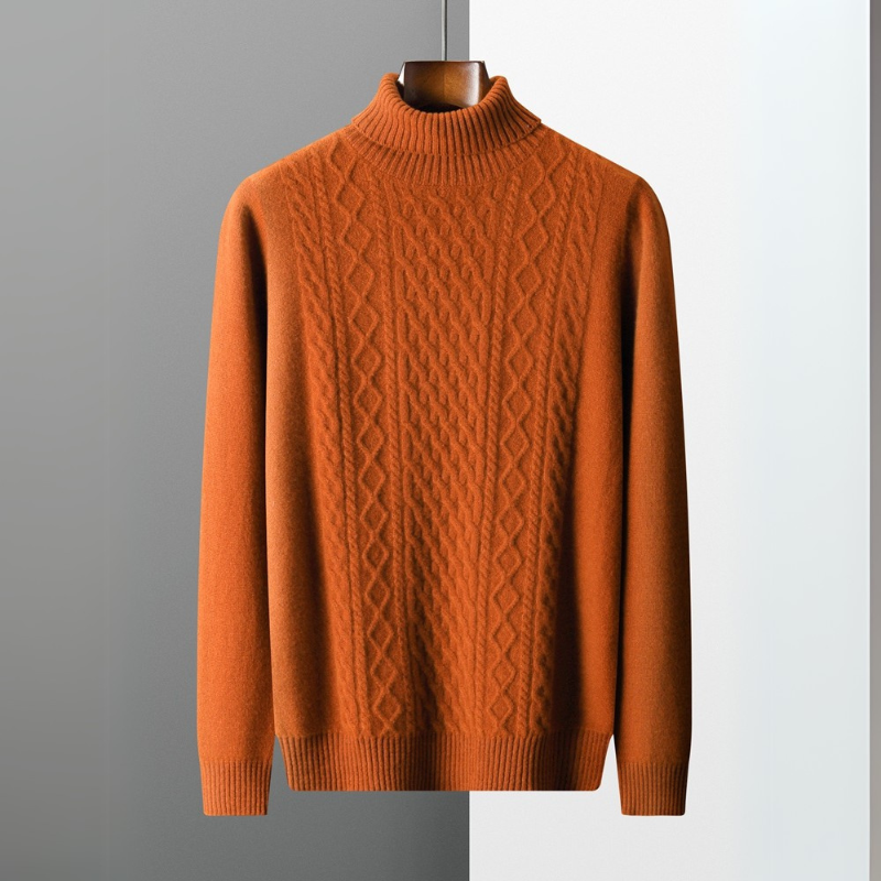 Men's long-sleeved cable knit roll neck jumper with ribbed trims