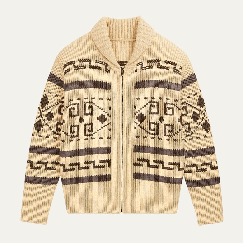 Men's shawl collar cardigan with geometric patterned knit and zip front