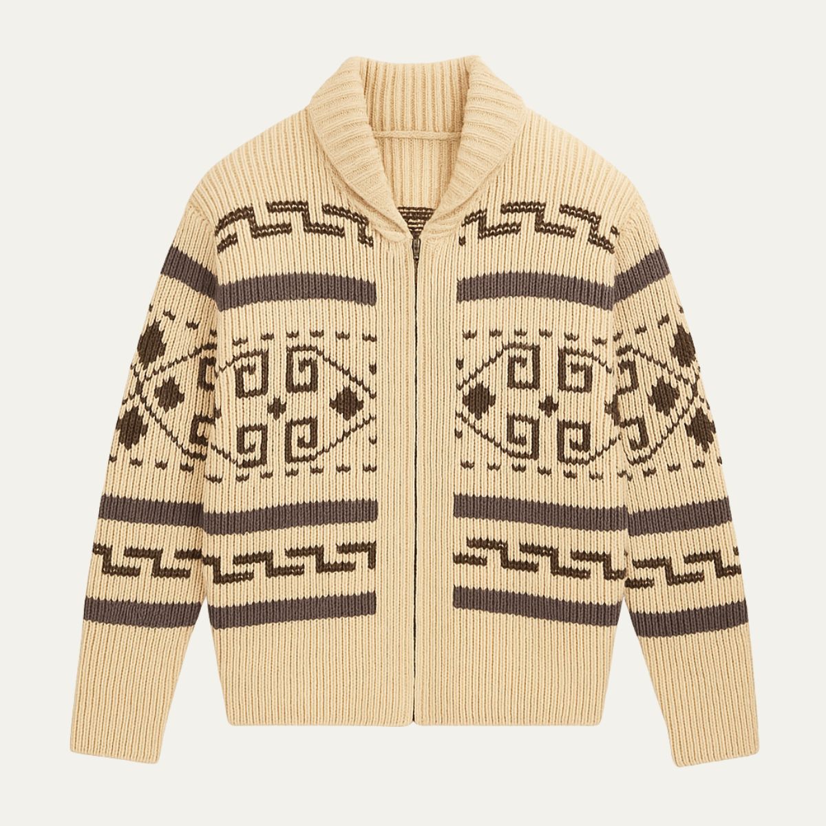 Men's shawl collar cardigan with geometric patterned knit and zip front