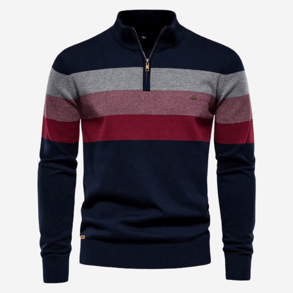 Men's striped quarter-zip sweater with mock neck and ribbed trims