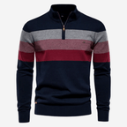 Men's striped quarter-zip sweater with mock neck and ribbed trims