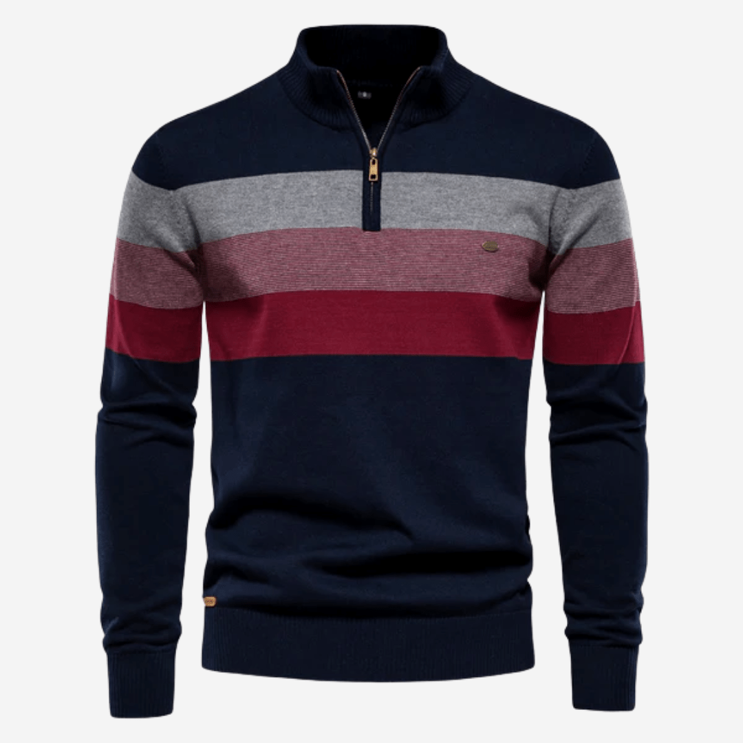 Men's striped quarter-zip sweater with mock neck and ribbed trims