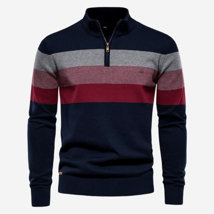 Men's striped quarter-zip sweater with mock neck and ribbed trims