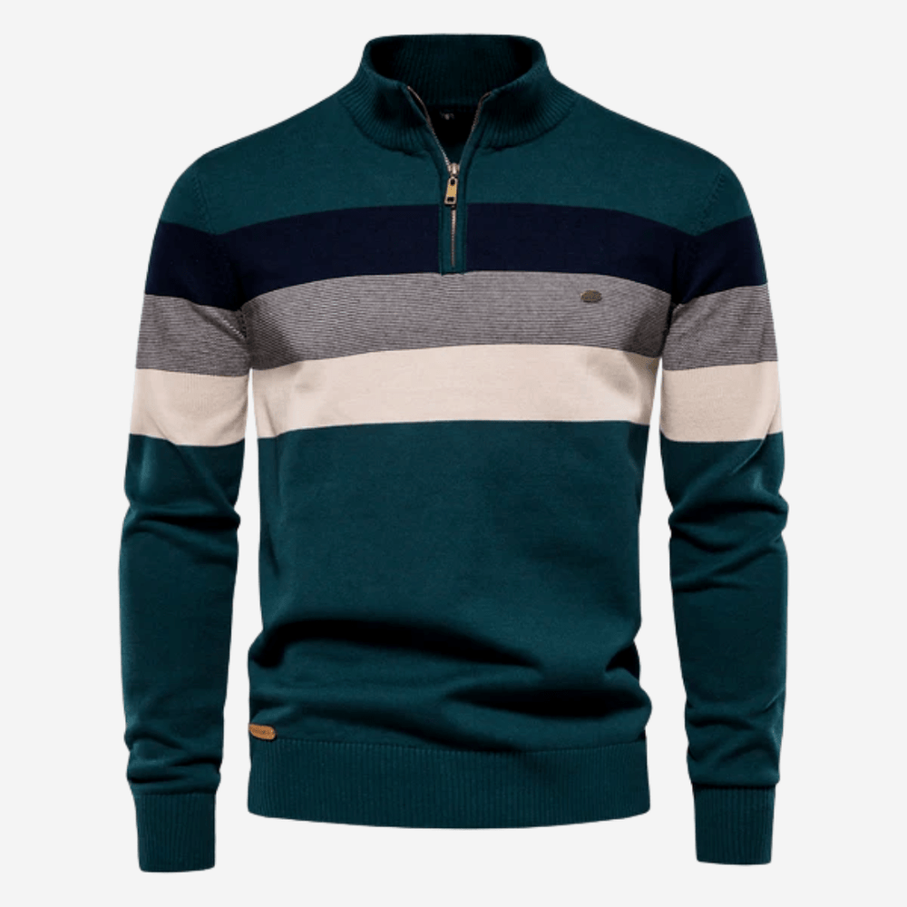 Men's striped quarter-zip sweater with mock neck and ribbed trims