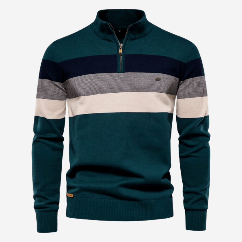 Men's striped quarter-zip sweater with mock neck and ribbed trims