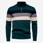 Men's striped quarter-zip sweater with mock neck and ribbed trims