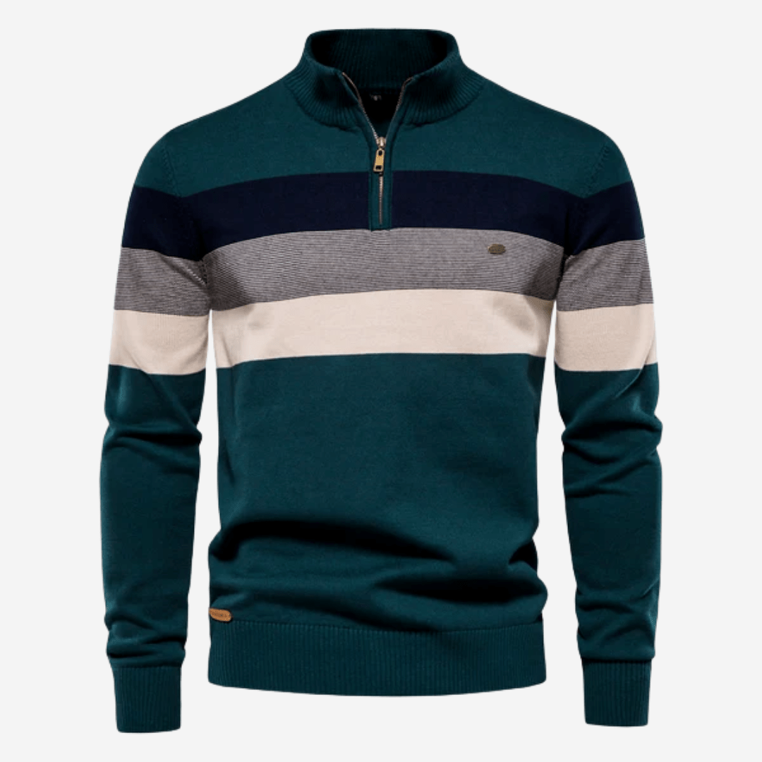 Men's striped quarter-zip sweater with mock neck and ribbed trims