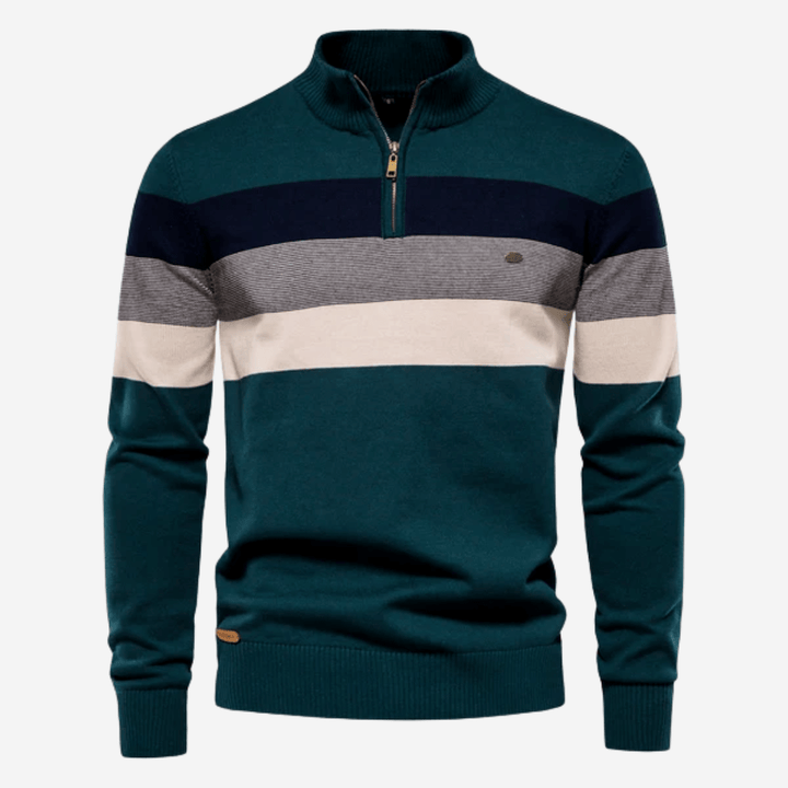 Men's striped quarter-zip sweater with mock neck and ribbed trims
