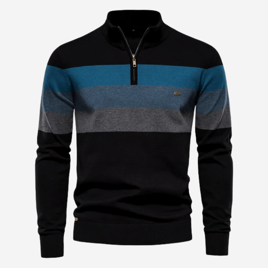Men's striped quarter-zip sweater with mock neck and ribbed trims