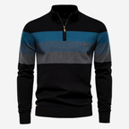 Men's striped quarter-zip sweater with mock neck and ribbed trims