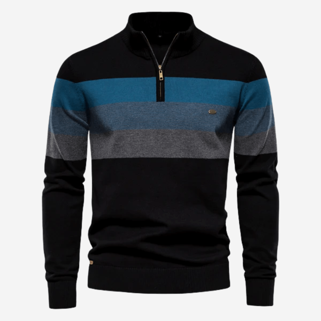 Men's striped quarter-zip sweater with mock neck and ribbed trims