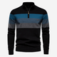Men's striped quarter-zip sweater with mock neck and ribbed trims