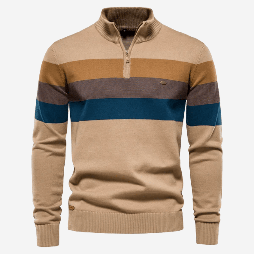Men's striped quarter-zip sweater with mock neck and ribbed trims