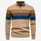 Men's striped quarter-zip sweater with mock neck and ribbed trims
