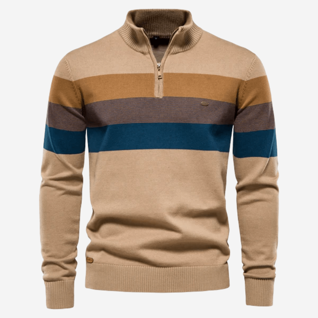 Men's striped quarter-zip sweater with mock neck and ribbed trims
