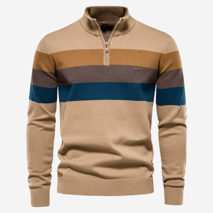 Men's striped quarter-zip sweater with mock neck and ribbed trims
