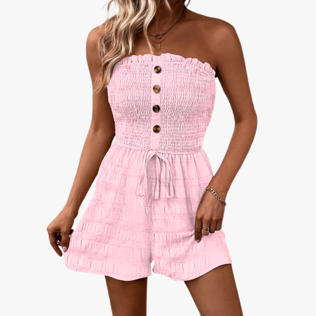 Women's strapless textured romper with front buttons and tie waist
