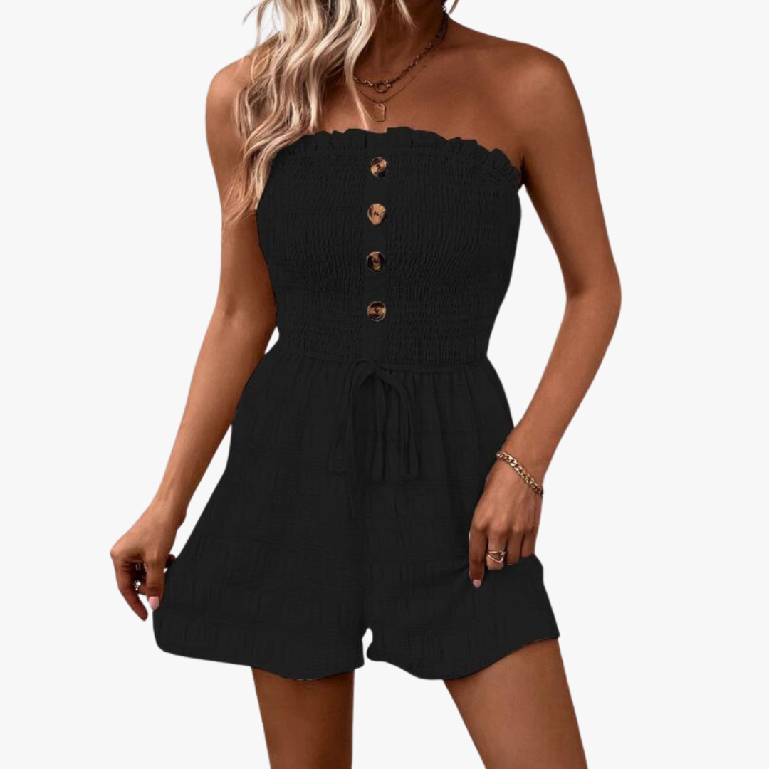 Women's strapless textured romper with front buttons and tie waist