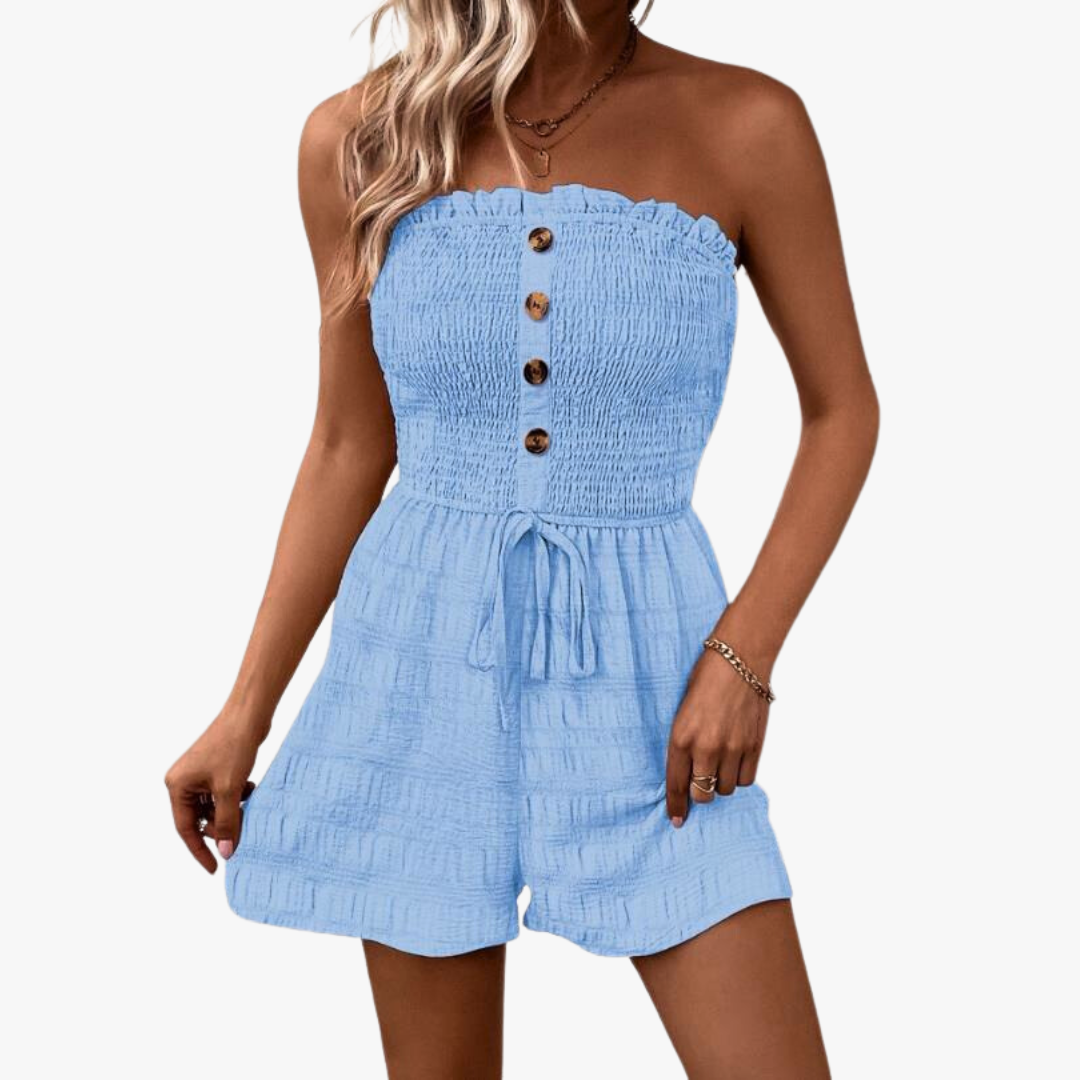 Women's strapless textured romper with front buttons and tie waist