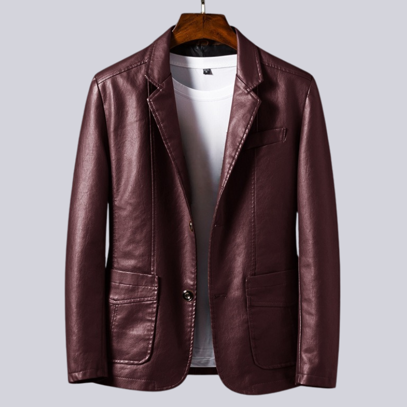 Men's structured blazer jacket with notched lapels, long sleeves, buttons and patch pockets