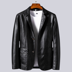 Men's structured blazer jacket with notched lapels, long sleeves, buttons and patch pockets