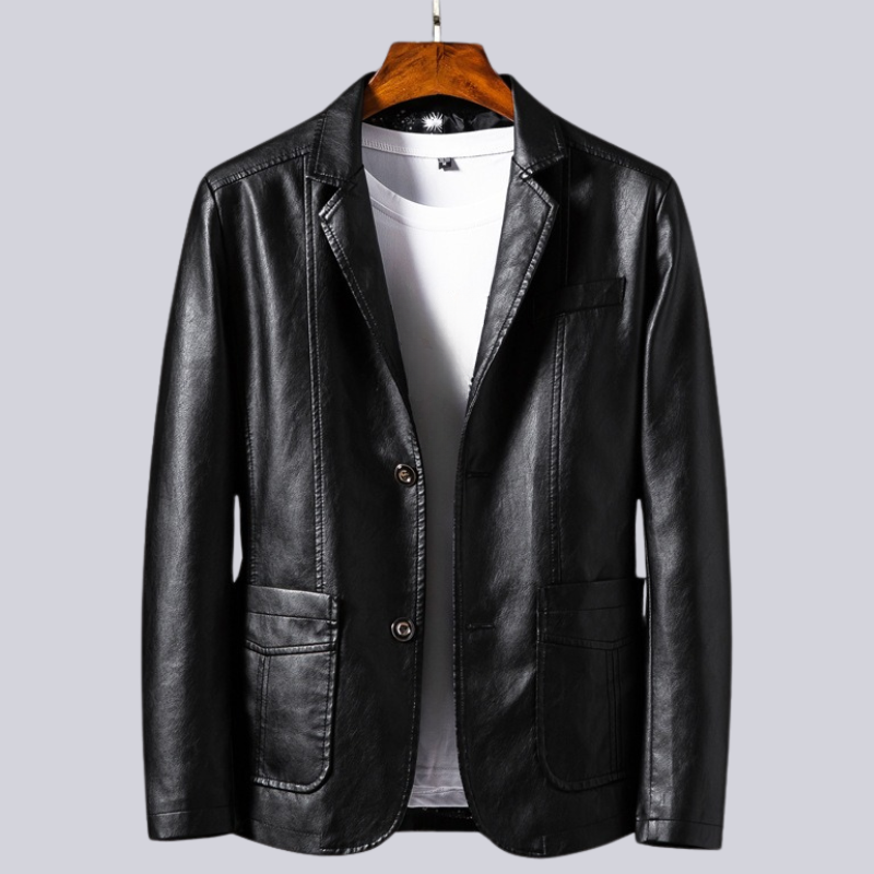 Men's structured blazer jacket with notched lapels, long sleeves, buttons and patch pockets