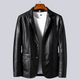 Men's structured blazer jacket with notched lapels, long sleeves, buttons and patch pockets