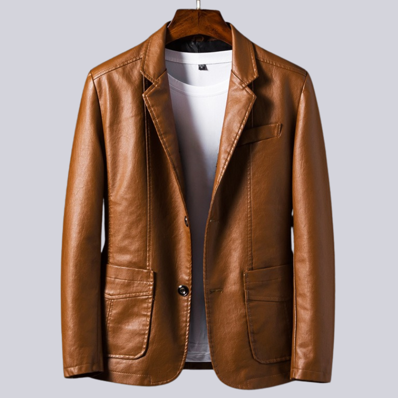 Men's structured blazer jacket with notched lapels, long sleeves, buttons and patch pockets