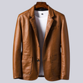 Men's structured blazer jacket with notched lapels, long sleeves, buttons and patch pockets