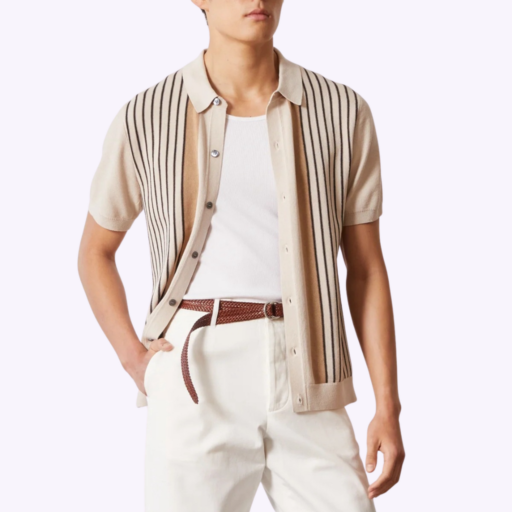 Men's beige knitted polo shirt with vertical stripes and buttons