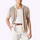 Men's beige knitted polo shirt with vertical stripes and buttons