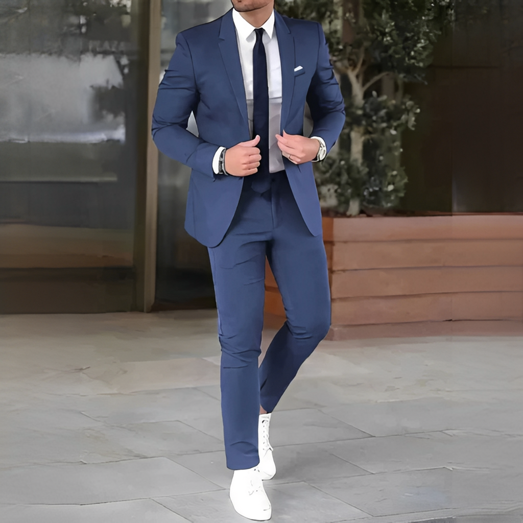 Men's tailored suit outfit set with blazer and full-length trousers