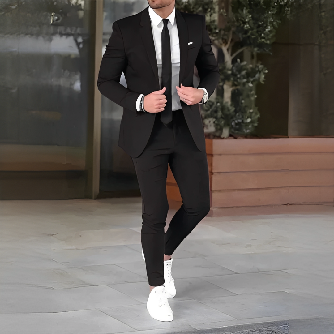 Men's tailored suit outfit set with blazer and full-length trousers