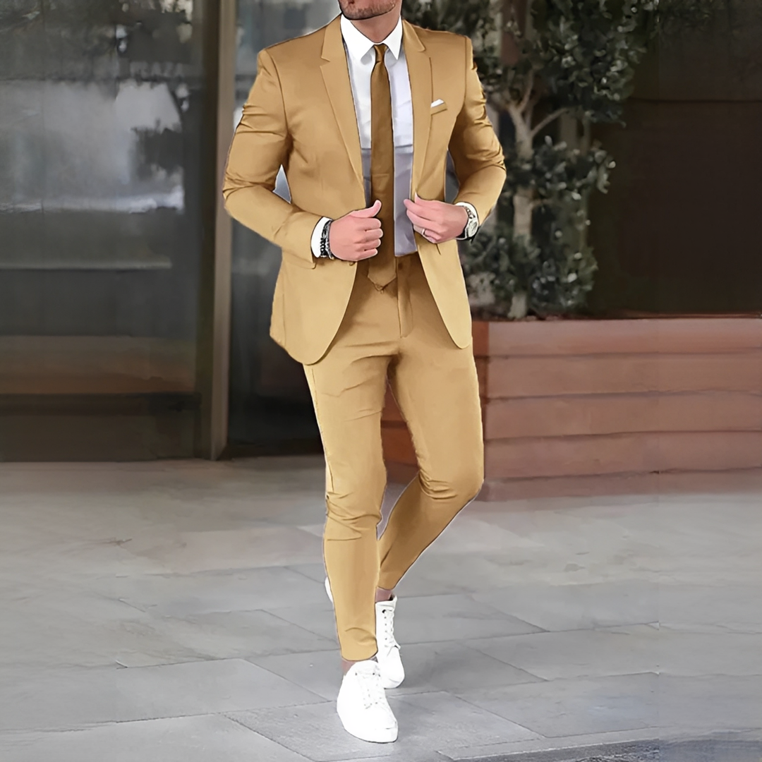 Men's tailored suit outfit set with blazer and full-length trousers