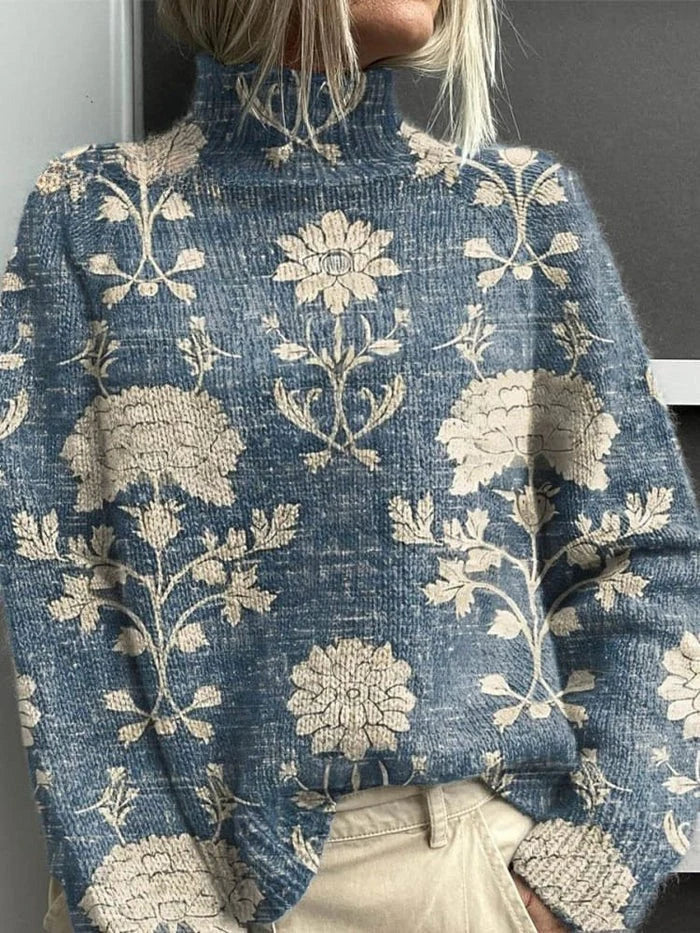 Women's long-sleeve printed turtleneck sweater with ribbed trims