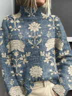 Women's long-sleeve printed turtleneck sweater with ribbed trims